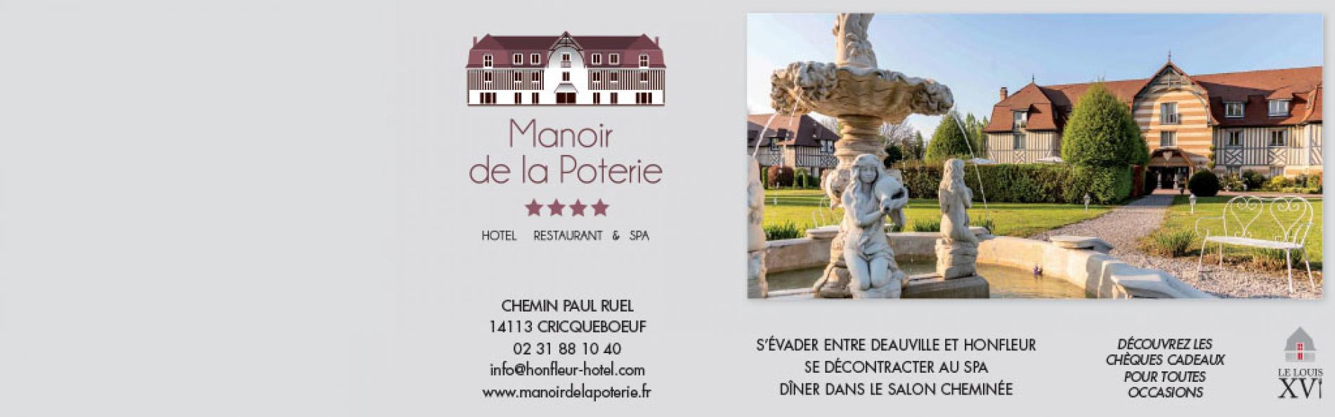 Hotel proche Honfleur l'hotel Le Manoir de la Poterie vous accueille en Normandie pour un sÃ©jour dÃ©tente.
DotÃ© d'un spa et d'une piscine couverte, l'hotel vous propose des soins.